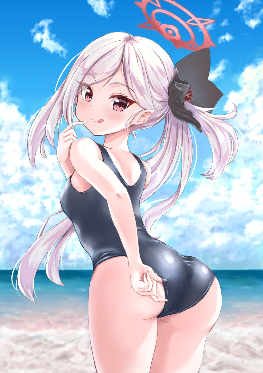 :q adjusting_clothes adjusting_swimsuit alternate_costume ass back beach black_one-piece_swimsuit black_ribbon blue_archive blue_sky blush breasts closed_mouth cloud commentary_request cowboy_shot cumulonimbus_cloud day eyelashes female floating_hair from_behind grey_hair hair_behind_ear hair_ribbon halo hand_on_own_ass hand_up happy highres index_finger_raised long_hair looking_at_viewer looking_back matsu520 mutsuki_(blue_archive) ocean one-piece_swimsuit one_side_up outdoors parted_bangs pointy_ears red_eyes red_halo ribbon school_swimsuit seductive_smile side_ponytail sky small_breasts smile solo swimsuit tongue tongue_out tsurime very_long_hair