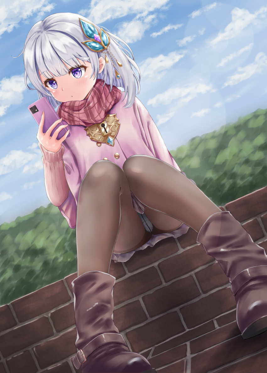 black_pantyhose blunt_bangs blush boots brown_footwear cellphone closed_mouth commentary_request commission day dutch_angle female foreshortening full_body grey_hair hair_ornament hand_up highres holding holding_phone looking_at_phone matsu520 medium_hair miniskirt outdoors panties panties_under_pantyhose pantyhose phone pink_sweater plaid_clothes plaid_scarf purple_eyes red_scarf scarf shironeko_project sitting skeb_commission skirt sleeves_past_wrists smartphone solo sweater thighband_pantyhose tina_topia underwear white_panties