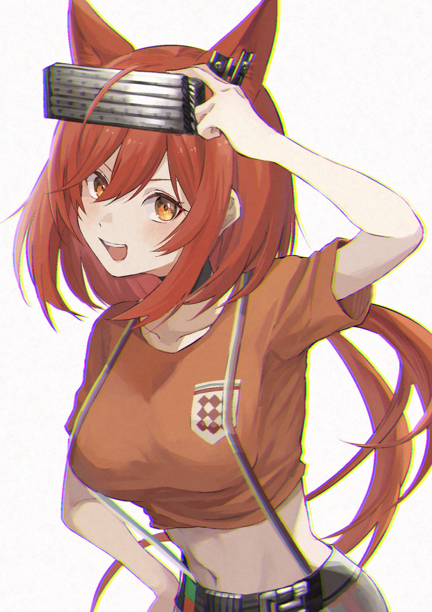 99noe_honoka :d animal_ears arknights arm_up breasts chromatic_aberration commentary_request crop_top female flametail_(arknights) flametail_(sport_for_all)_(arknights) grey_background head-mounted_display highres long_hair looking_at_viewer medium_breasts midriff navel open_mouth orange_eyes orange_shirt red_hair shirt short_sleeves simple_background smile solo stomach suspenders upper_body very_long_hair