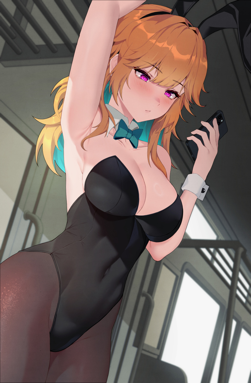 :/ absurdres arm_up black_leotard blush bow bowtie breasts brown_pantyhose cellphone colored_inner_hair covered_navel female green_bow green_bowtie highres holding holding_phone hololive hololive_english large_breasts leotard lessone long_hair looking_at_phone multicolored_hair orange_hair pantyhose phone playboy_bunny smartphone solo takanashi_kiara train_interior virtual_youtuber wrist_cuffs