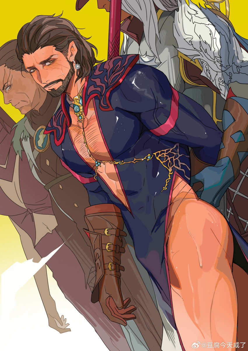 2boys 2girls absurdres baldur's_gate baldur's_gate_3 bara beard_stubble blue_dress brown_gloves brown_hair bulge character_request doufujintianxianle dress dungeons_&_dragons earrings facial_hair feet_out_of_frame gale_(baldur's_gate) gloves halsin highres jewelry large_pectorals male_focus mature_male medium_hair multiple_boys multiple_girls muscular muscular_male mustache_stubble pectoral_cleavage pectorals pelvic_curtain side_slit solo_focus stubble sweat thick_eyebrows thighs veins veiny_arms