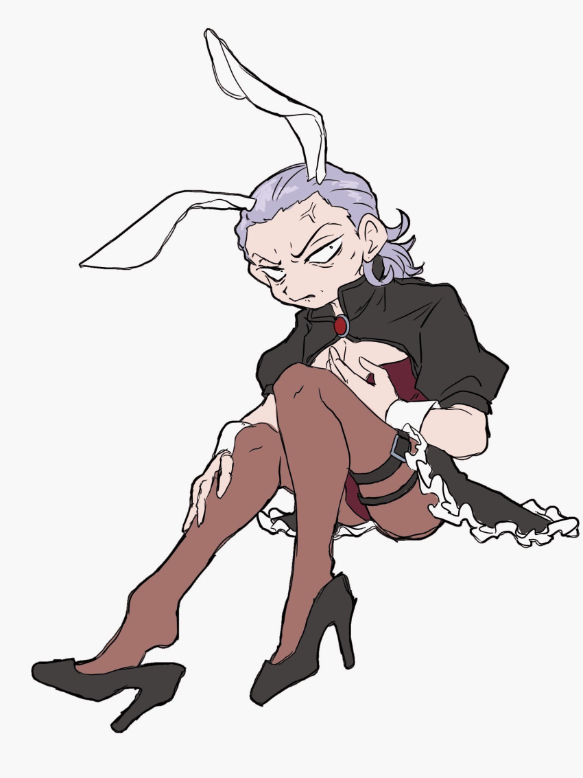 1boy anger_vein animal_ears annoyed belt black_footwear black_skirt brooch brown_pantyhose commentary_request crossdressing extra_ears frilled_skirt frills gem grey_hair gyakuten_saiban hair_slicked_back hand_on_own_chest hand_on_own_leg high_heels highres jewelry knees_up leotard looking_at_viewer male_focus male_playboy_bunny manfred_von_karma mature_male medium_hair mimizuman miniskirt pantyhose rabbit_ears red_brooch red_gemstone red_leotard shoe_dangle shoes short_sleeves shrug_(clothing) simple_background skirt sleeve_cuffs solo strapless strapless_leotard thigh_belt thigh_strap white_background