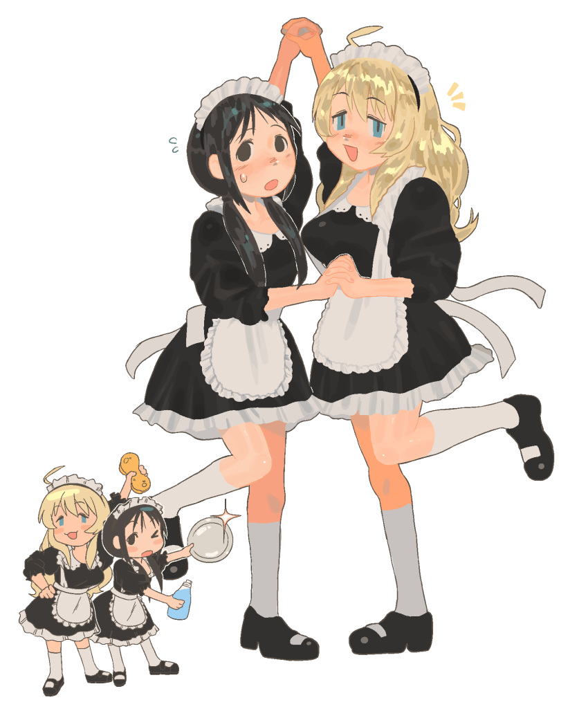 >_o 2girls :d ^^^ alternate_costume apron black_dress black_hair blonde_hair blue_eyes blush breasts chito_(shoujo_shuumatsu_ryokou) chzzei commission dress enmaided flying_sweatdrops full_body highres holding holding_hands holding_tray interlocked_fingers kneehighs liquid_soap long_hair looking_at_viewer maid maid_headdress multiple_girls multiple_views one_eye_closed open_mouth shoujo_shuumatsu_ryokou smile socks standing standing_on_one_leg tray waist_apron white_socks yuuri_(shoujo_shuumatsu_ryokou)