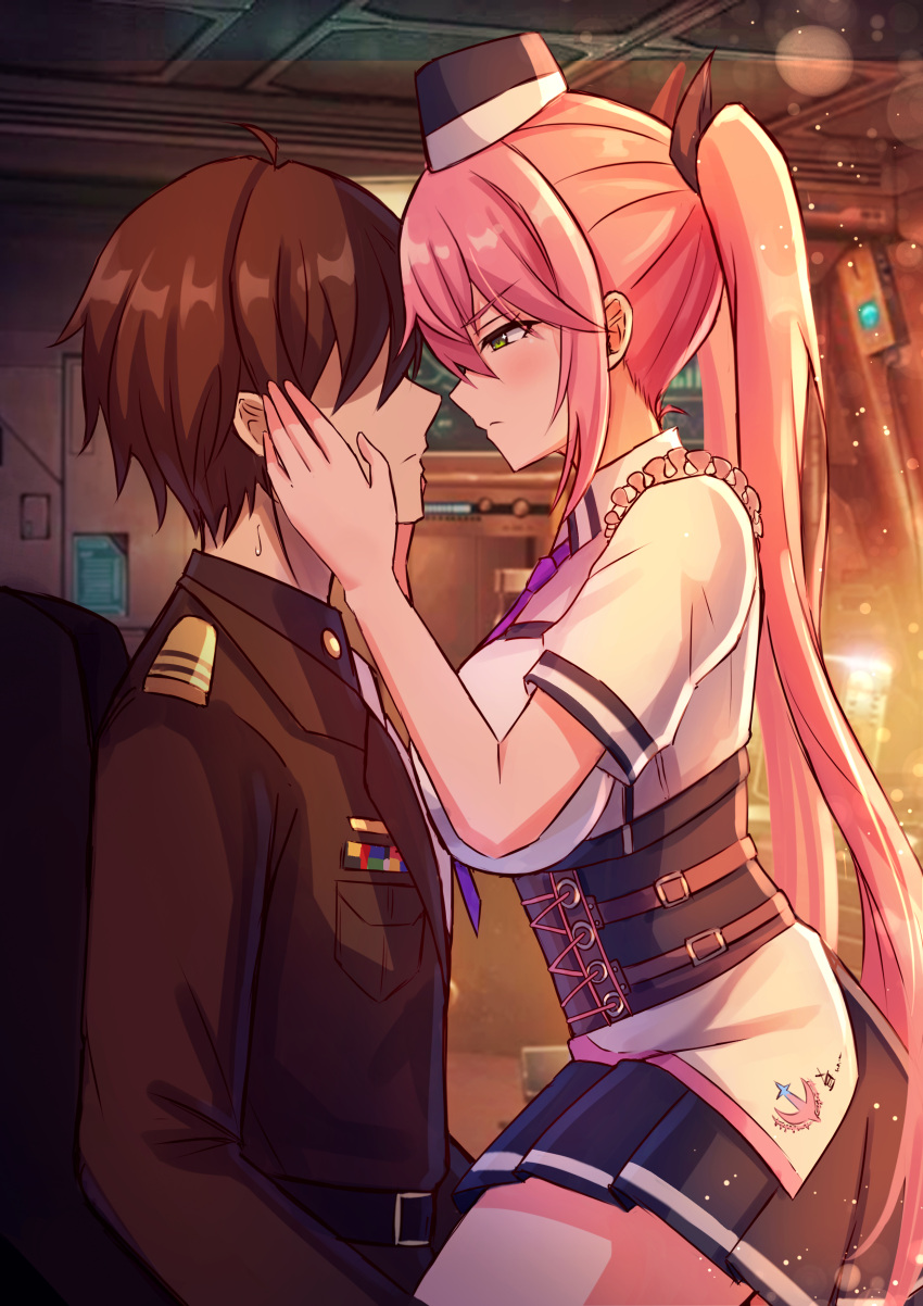 absurdres black_skirt breasts brown_hair closed_mouth commander_(nikke) female goddess_of_victory:_nikke green_eyes hair_between_eyes hat highres indoors jimpu6 large_breasts long_hair long_sleeves looking_at_another military_uniform pink_hair pleated_skirt quiry_(nikke) shirt short_hair short_sleeves sidelocks sitting sitting_on_lap sitting_on_person skirt squinting suit twintails uniform white_shirt