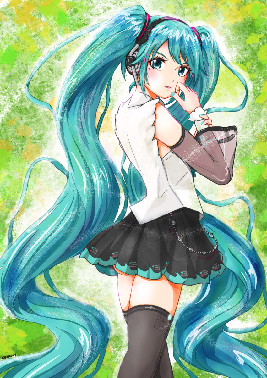 aqua_hair aqua_nails artist_name black_skirt black_thighhighs blue_eyes blue_hair blush commentary_request detached_sleeves female from_behind green_background hair_between_eyes hand_up hatsune_miku hatsune_miku_(nt) headset highres kazm00 long_hair looking_at_viewer looking_back miniskirt parted_lips pleated_skirt see-through see-through_sleeves shirt skirt sleeveless sleeveless_shirt solo standing thighhighs twintails very_long_hair vocaloid white_shirt zettai_ryouiki