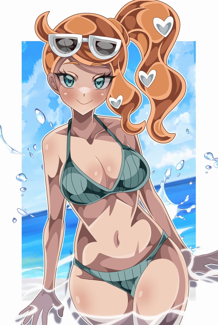 alternate_costume aqua_bikini aqua_eyes bare_arms bare_legs bikini breasts cleavage collarbone eyewear_on_head female hair_ornament heart heart_hair_ornament highres long_hair looking_at_viewer medium_breasts navel ocean orange_hair pokemon pokemon_swsh ribbed_bikini shiki_(kisikisi1007) side_ponytail smile solo sonia_(pokemon) sunglasses swept_bangs swimsuit water wavy_hair white-framed_eyewear