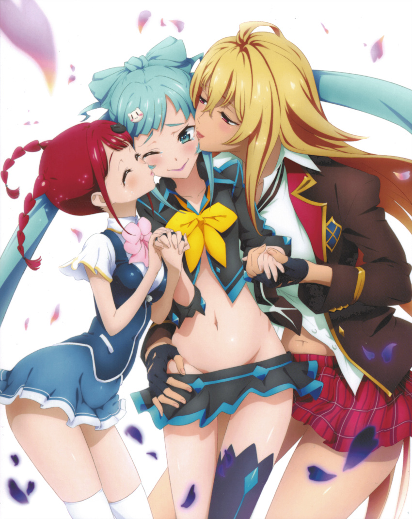 3girls absurdres bad_link blonde_hair blue_hair blush braid breasts cat_hair_ornament cleavage closed_eyes double_cheek_kiss fff_threesome fingerless_gloves girl_sandwich gloves group_sex gyaru hair_ornament highres huge_breasts kaneko_hiraku kissing kissing_cheek long_hair loose_necktie microskirt midriff miniskirt multiple_girls navel necktie official_art red_eyes red_hair sagara_momoka sandwiched scan school_uniform shikishima_mirei short_twintails simple_background skirt smile threesome tokonome_mamori twin_braids twintails valkyrie_drive valkyrie_drive_-mermaid- very_long_hair white_background yuri