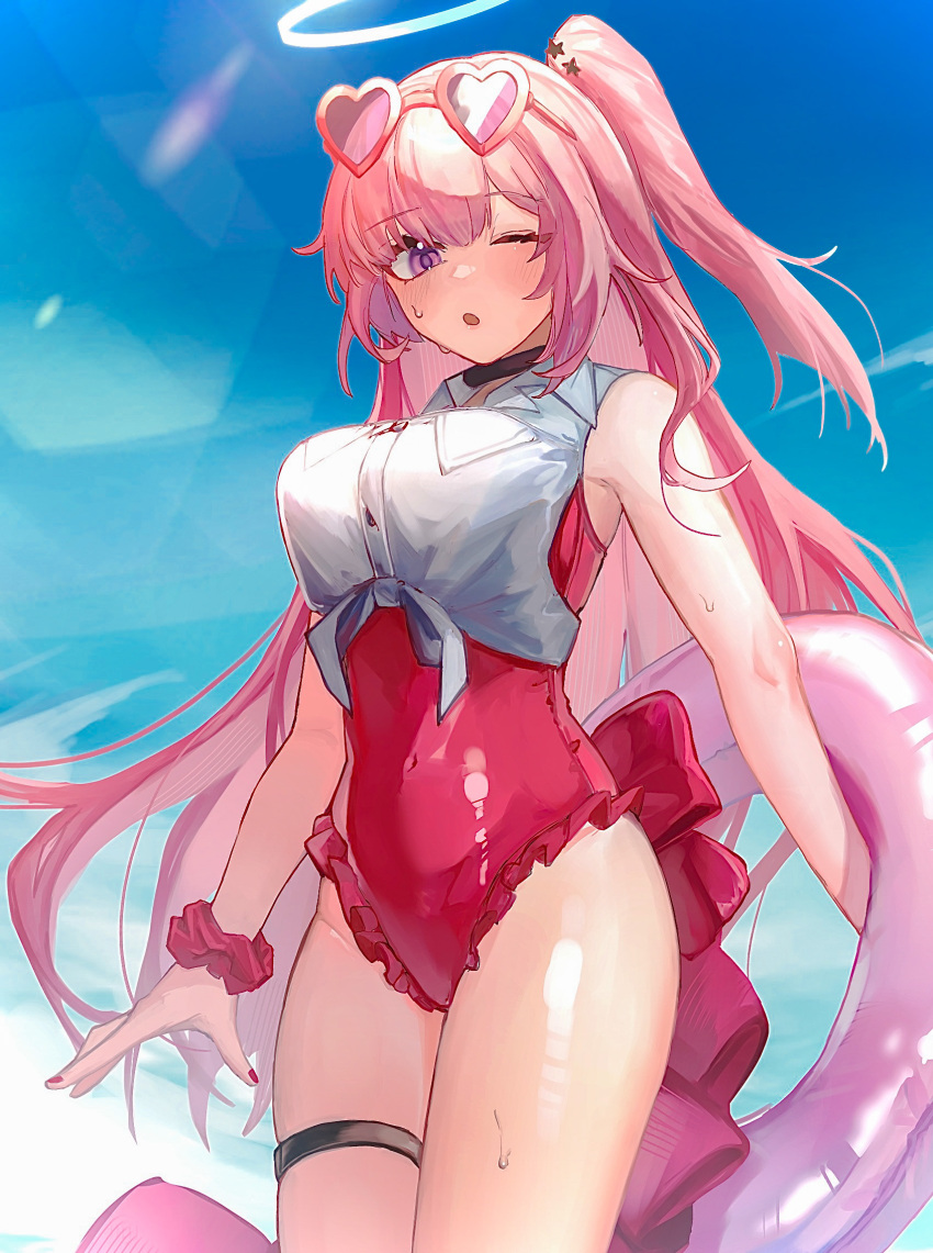 ;o ambriel_(arknights) ambriel_(holiday)_(arknights) arknights bare_shoulders black_choker blue_sky breasts choker cloud collared_shirt commentary_request cowboy_shot cropped_shirt eyewear_on_head female frilled_one-piece_swimsuit frills hair_ornament halo heart heart-shaped_eyewear highres holding holding_swim_ring innertube long_hair looking_at_viewer official_alternate_costume one-piece_swimsuit one_eye_closed open_mouth outdoors pink-framed_eyewear pink-tinted_eyewear pink_innertube purple_eyes red_nails red_one-piece_swimsuit scrunchie senjou_no_pentsu shirt side_ponytail sky sleeveless sleeveless_shirt solo star_(symbol) star_hair_ornament swim_ring swimsuit swimsuit_under_clothes thigh_strap tied_shirt tinted_eyewear very_long_hair wet white_shirt wrist_scrunchie