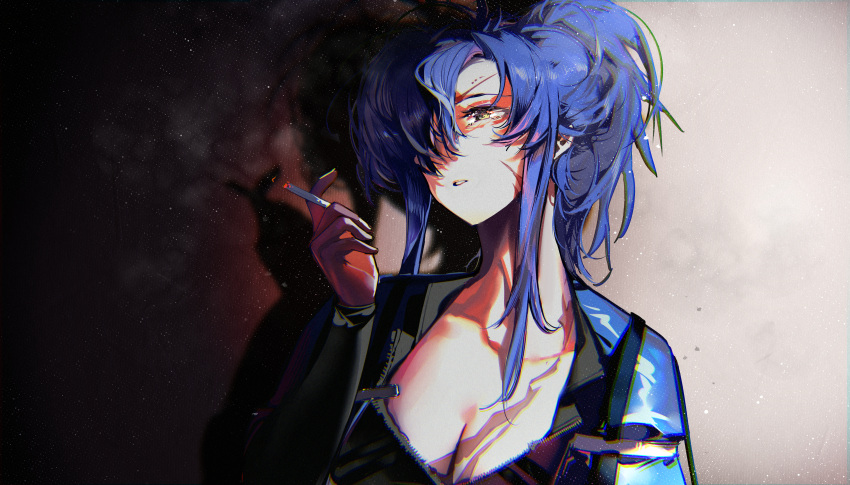 absurdres angelia_(girls'_frontline) blue_hair blueblossom breasts cigarette cleavage english_commentary female girls'_frontline hair_over_one_eye highres holding holding_cigarette medium_hair messy_hair multiple_scars parted_lips scar scar_on_breasts scar_on_cheek scar_on_face scar_on_forehead sidelocks solo upper_body