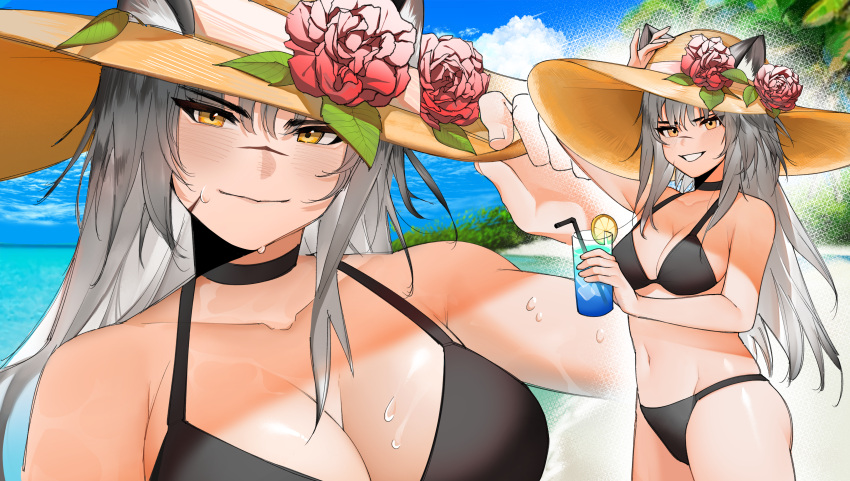 :d absurdres animal_ear_fluff animal_ears arknights arm_up bare_shoulders beach bikini black_bikini black_choker blue_sky blush breasts choker cleavage closed_mouth collarbone commission cowboy_shot cup day ears_through_headwear female flower food fruit grey_hair grin hand_on_headwear hat highres holding holding_cup ice ice_cube indra_(arknights) large_breasts lemon lemon_slice long_hair looking_at_viewer multiple_views navel outdoors parted_lips red_flower scar scar_across_eye sky smile soda_(sod4) stomach sun_hat swimsuit tiger_ears v-shaped_eyebrows yellow_eyes yellow_headwear