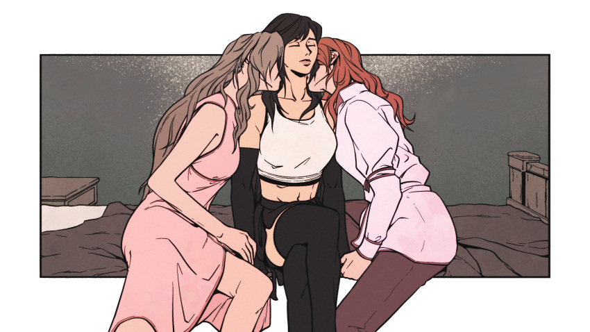 3girls absurdres aerith_gainsborough bed black_hair brown_hair cissnei crop_top crossed_legs dress final_fantasy final_fantasy_vii final_fantasy_vii_rebirth final_fantasy_vii_remake fueledbyram girl_sandwich hair_down highres kissing kissing_neck long_hair multiple_girls pink_dress sandwiched sitting thighhighs tifa_lockhart very_long_hair yuri