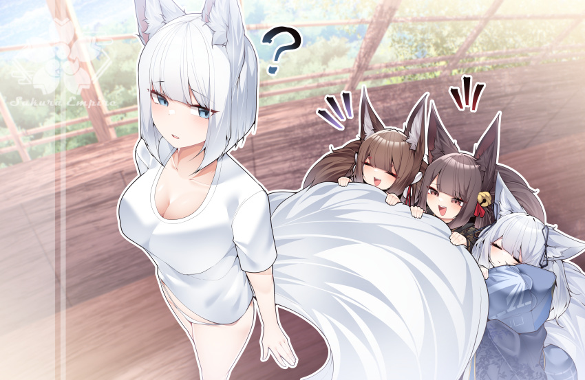 4girls :d absurdres akagi-chan_(azur_lane) amagi-chan_(azur_lane) animal_ears azur_lane bell black_kimono blue_eyes blue_kimono blush breasts brown_hair casual cleavage closed_eyes curious expressionless eyeshadow fox_ears fox_girl fox_tail from_above grabbing_another's_tail hair_bell hair_ornament hands_up happy highres japanese_clothes kaga_(azur_lane) kimono kitsune long_hair looking_at_another looking_back makeup medium_breasts medium_hair multiple_girls multiple_tails no_pants panties red_eyes red_eyeshadow samip shinano-chan_(azur_lane) shirt sleeping sleepy slit_pupils smile surprised tail underwear very_long_hair white_hair white_panties white_shirt