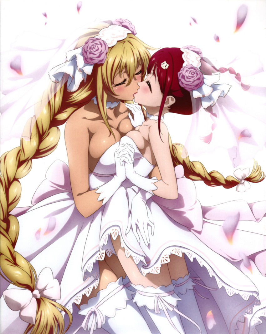 2girls absurdres bad_link blonde_hair blush breasts bridal_veil cleavage closed_eyes couple dress hair_ornament highres holding_hands huge_breasts kaneko_hiraku kissing long_hair medium_breasts multiple_girls official_art red_hair scan shikishima_mirei simple_background skirt thighhighs tokonome_mamori valkyrie_drive valkyrie_drive_-mermaid- veil wedding_dress white_background wife_and_wife yuri