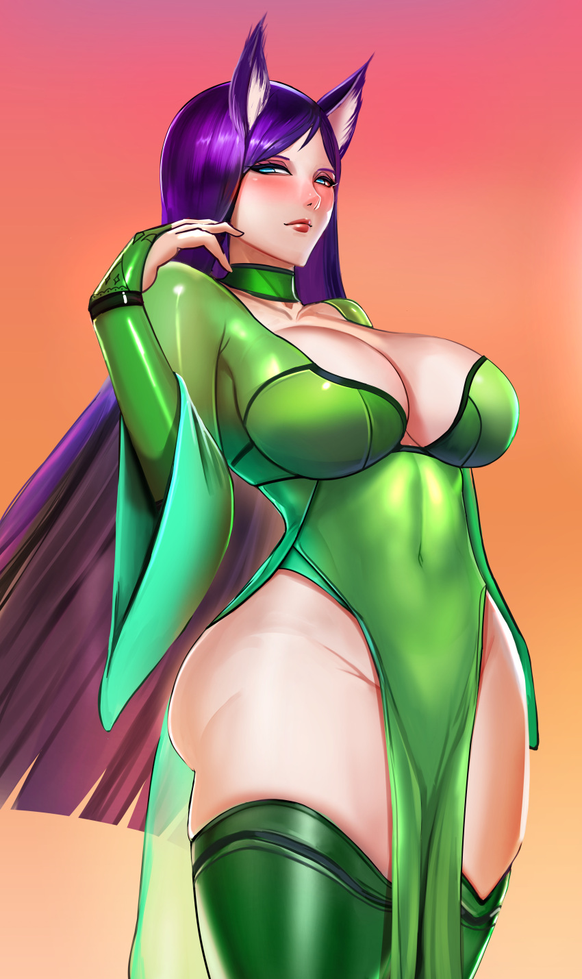 absurdres animal_ears ass badcompzero blue_eyes breasts bridal_gauntlets choker collarbone commission covered_navel english_commentary female fox_ears frown green_choker green_thighhighs groin highres kodaka_(stargizar) large_breasts long_hair no_panties original pelvic_curtain purple_hair red_lips second-party_source skindentation solo thighhighs very_long_hair