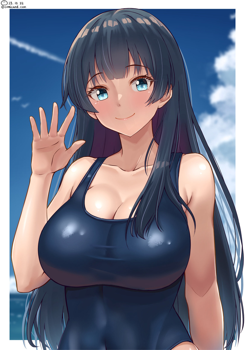 agano_(kancolle) alternate_costume black_hair blue_eyes blue_one-piece_swimsuit blush border breasts cleavage cloud cloudy_sky collarbone covered_navel day female highres kantai_collection large_breasts long_hair looking_at_viewer one-piece_swimsuit school_swimsuit shiromaru_(maniado) sky smile solo swimsuit upper_body white_border