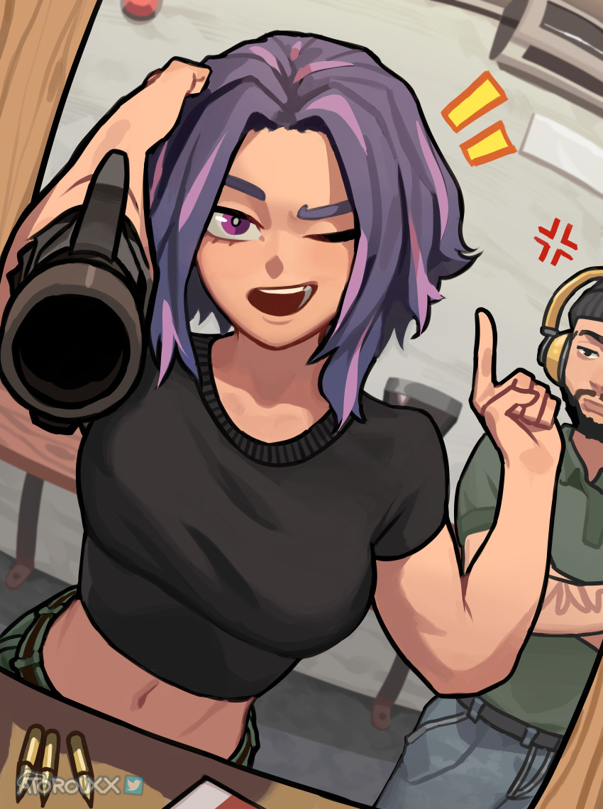 1boy absurdres aiming aiming_at_viewer anger_vein arm_cannon artist_name atoroux belt black_shirt boku_no_hero_academia breasts bullet commentary crop_top cropped_shirt english_commentary female gun highres index_finger_raised lady_nagant midriff navel one_eye_closed open_mouth purple_eyes purple_hair shirt shooting_range smile solo_focus weapon