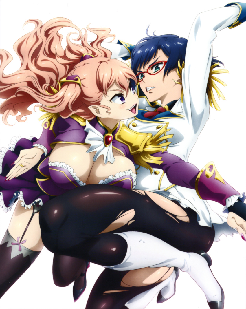 2girls absurdres bad_link blue_eyes blue_hair boots breasts charlotte_shalzen cleavage epaulettes face-to-face fangs fighting garter_straps glasses hair_ornament highres huge_breasts kaneko_hiraku large_breasts long_hair multiple_girls nail_polish necktie official_art open_mouth pantyhose pink_hair purple_eyes red-framed_eyewear scan shigure_kasumi short_hair simple_background skirt thighhighs uniform valkyrie_drive valkyrie_drive_-mermaid- white_background