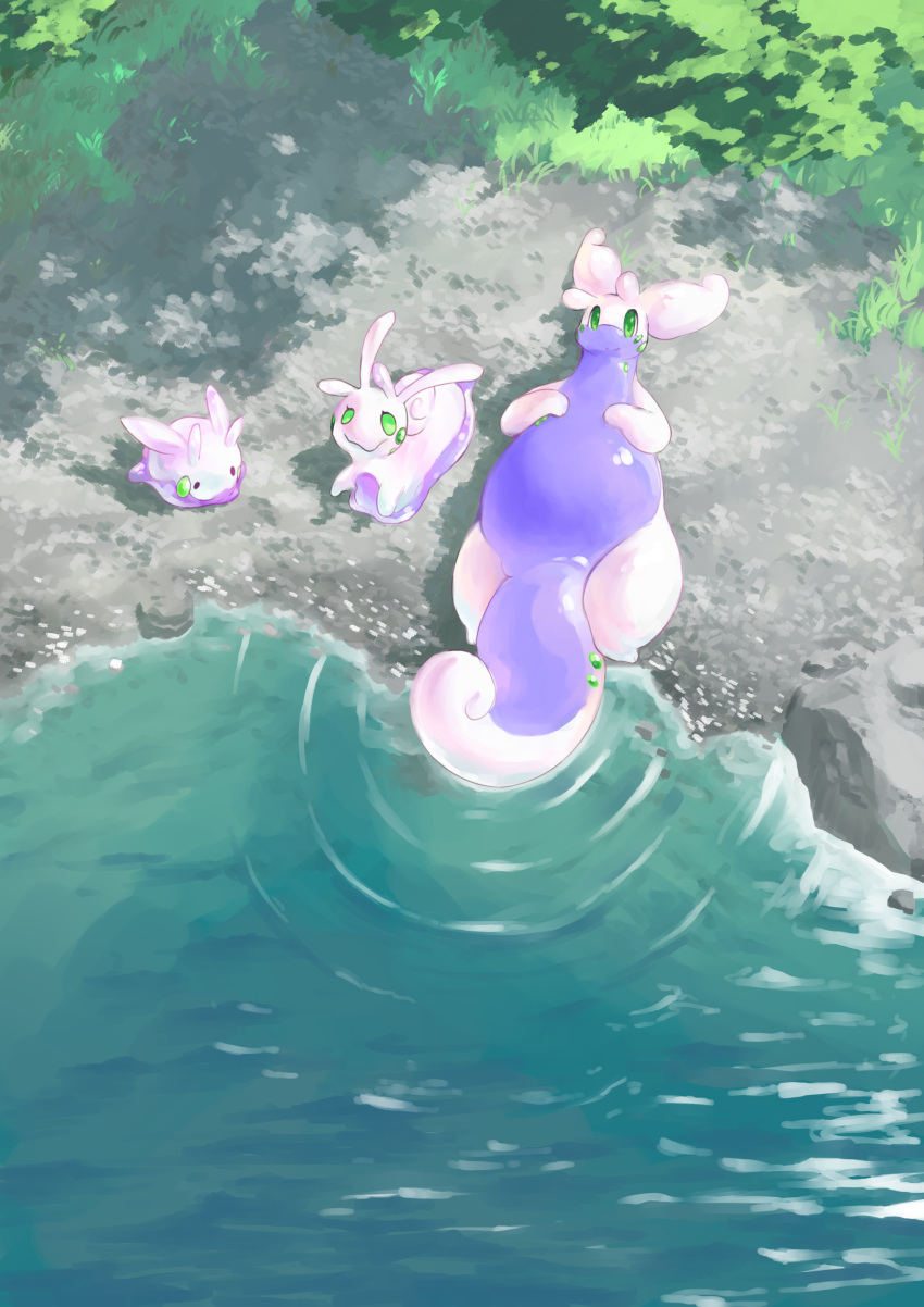 absurdres day evolutionary_line from_above goodra goomy grass gravel highres looking_at_viewer lying no_humans on_back outdoors pokemon pokemon_(creature) ripples sliggoo tree veiukket water