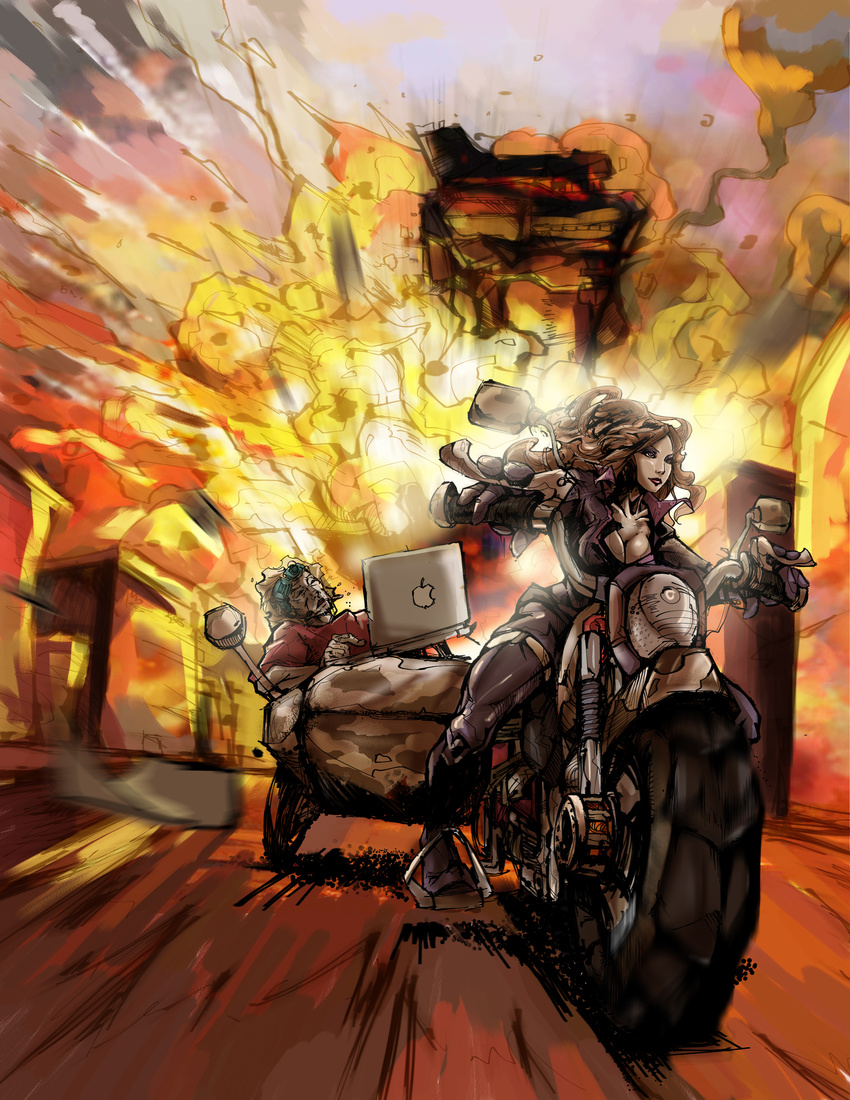 1boy absurdres blonde_hair brown_hair cigarette commentary_request computer explosion female flameskevin garter_belt gloves highres jacket laptop motor_vehicle motorcycle original photoshop_(medium) red_eyes shirt short_hair thighhighs