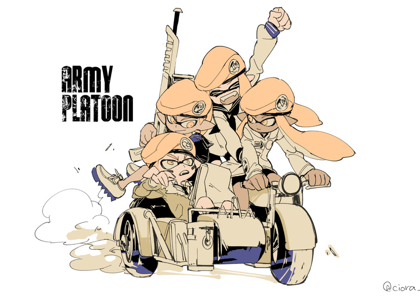 >_< 2boys 2girls army-kun_(splatoon) beret closed_eyes commentary_request dark-skinned_male dark_skin driving facepaint forge-chan_(splatoon) hat inkling inkling_boy inkling_girl inkling_player_character monochrome motor_vehicle motorcycle multiple_boys multiple_girls notepad orange_eyes pointy_ears sailor_blue-kun_(splatoon) sailor_collar sailor_shirt sailor_white-chan_(splatoon) serizawa_nae shirt sidecar simple_background splat_charger_(splatoon) splatoon_(manga) splatoon_(series) splatoon_1 tentacle_hair twitter_username white_background