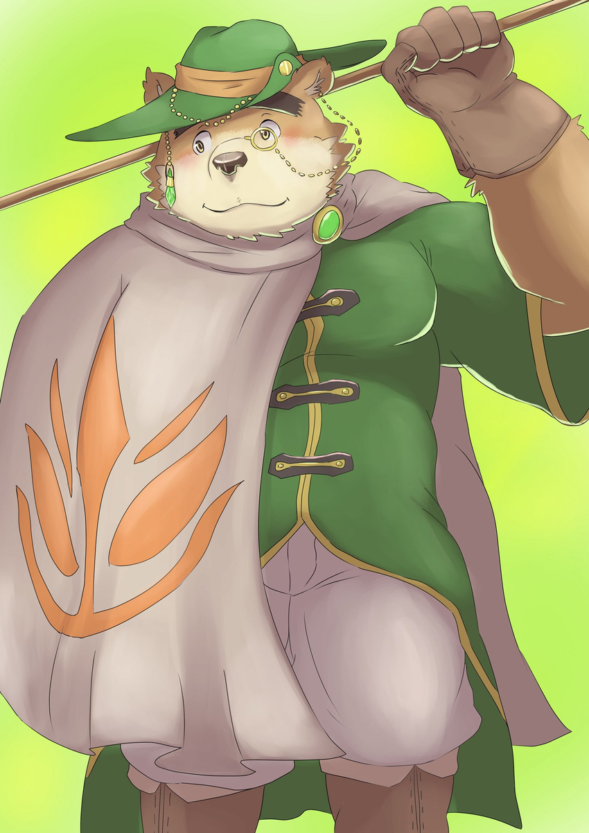 2017 anthro bear clothed clothing green_background hat headgear headwear hi_res lifewonders male mammal muscular muscular_anthro muscular_male simple_background solo tokyo_afterschool_summoners volos_(tas) watoson