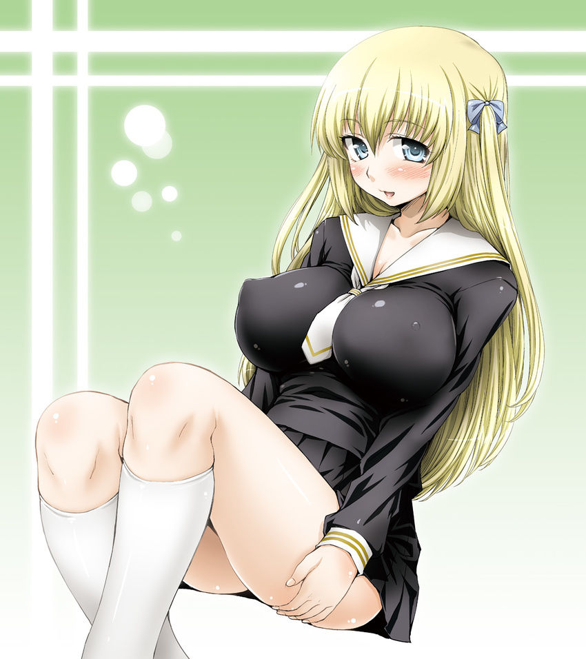 aru_ra_une blonde_hair blue_eyes blush breasts commentary_request female highres large_breasts long_hair original photoshop_(medium) school_uniform serafuku solo