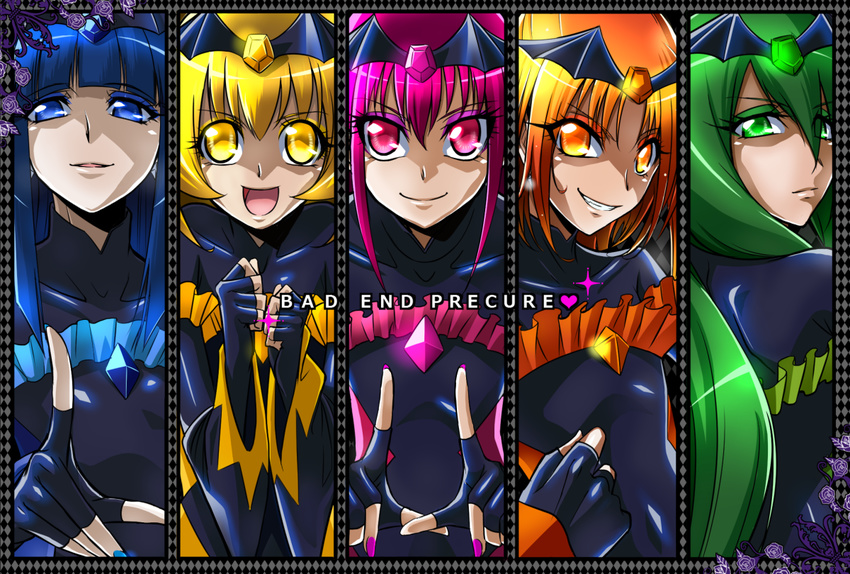 5girls bad_end_beauty bad_end_happy bad_end_march bad_end_peace bad_end_precure bad_end_sunny black_bodysuit blonde_hair blue_eyes blue_eyeshadow blue_hair bodysuit column_lineup commentary_request dark_persona eyeshadow fingerless_gloves gloves green_eyes green_eyeshadow green_hair long_hair mahkn makeup multiple_girls orange_eyes orange_eyeshadow orange_hair pink_eyes pink_eyeshadow pink_hair precure smile smile_precure tiara yellow_eyes yellow_eyeshadow