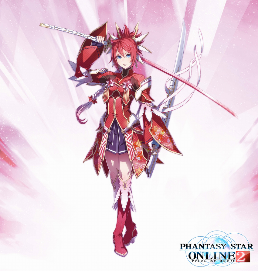 absurdres akikazu_mizuno blue_eyes boots braid female fingerless_gloves full_body gloves hair_ornament highres holding holding_weapon japanese_clothes katana knee_boots logo long_hair looking_at_viewer phantasy_star phantasy_star_online_2 pink_background red_hair serious sheath simple_background single_braid skirt solo spoilers standing sword thighhighs weapon wide_sleeves yasaka_hitsugi zettai_ryouiki