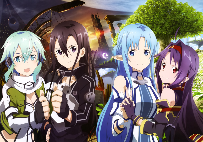 1boy 3girls absurdres androgynous aqua_eyes aqua_hair armor asuna_(sao) asuna_(sao-alo) bare_shoulders black_eyes black_hair blue_eyes blue_hair blue_sky breastplate breasts building cleavage cloud cloudy_sky day detached_sleeves fingerless_gloves gloves hair_ornament highres kirito kirito_(sao-ggo) long_hair looking_at_viewer medium_breasts multiple_girls night nishiguchi_tomoya official_art pointy_ears purple_hair red_eyes ruins science_fiction sinon sky slit_pupils sword_art_online tree yuuki_(sao)