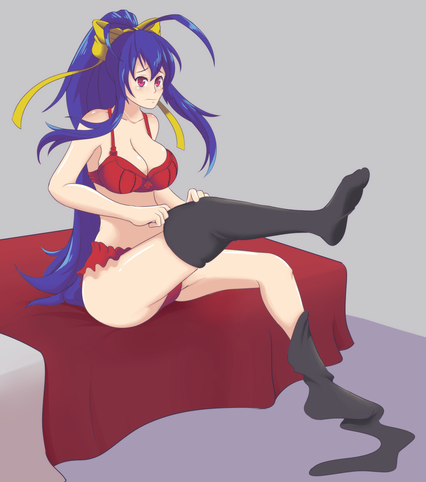 antenna_hair bed bed_sheet black_thighhighs blazblue blazblue_remix_heart blue_hair blush bow bra breasts cleavage dressing embarrassed female hairbow highres kittenboogers large_breasts lingerie long_hair looking_at_viewer mai_natsume navel panties ponytail red_bra red_eyes red_panties ribbon simple_background sitting solo thighhighs underwear underwear_only very_long_hair