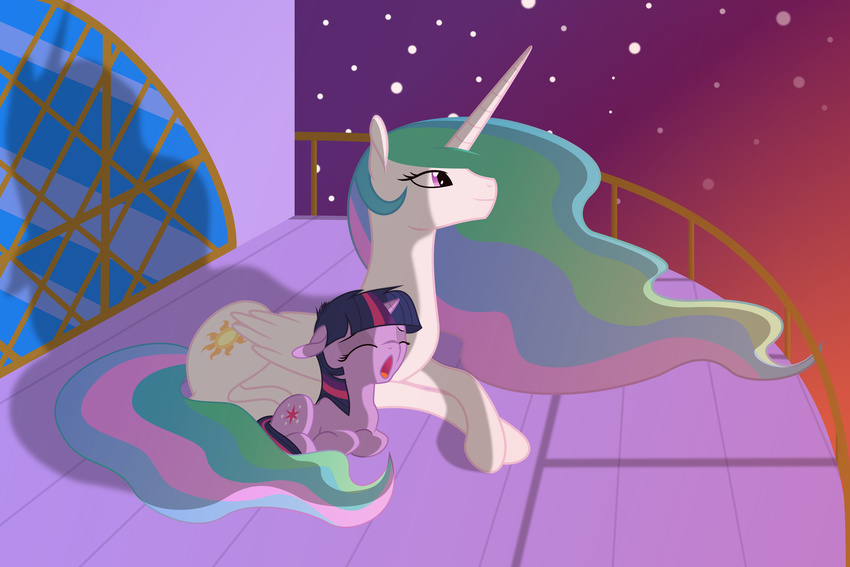 3:2 absurd_res alicorn closed_eyes cutie_mark duo equid equine feathered_wings feathers female feral friendship_is_magic fur hair hasbro hi_res horn long_hair mamandil mammal multicolored_hair my_little_pony mythological_creature mythological_equine mythology open_mouth outside princess_celestia_(mlp) purple_body purple_fur purple_hair smile star twilight_sparkle_(mlp) two_tone_hair unicorn white_body white_feathers white_fur wings yawn young