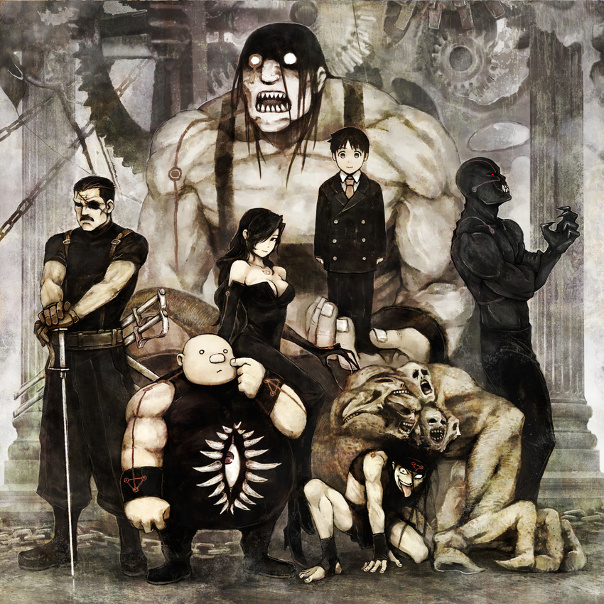 6+boys androgynous bad_id bad_pixiv_id banned_artist black_hair envy_(fma) everyone eyepatch fullmetal_alchemist gears gloves glowing glowing_eyes gluttony greed hair_over_one_eye highres king_bradley lust monster multiple_boys pride selim_bradley sepia sloth spoilers sword weapon wrath yanmar