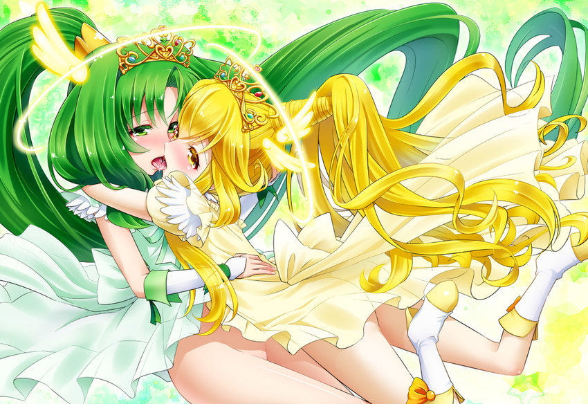 2girls ass bad_id bad_pixiv_id blonde_hair blush bottomless cure_march cure_march_(princess_form) cure_peace cure_peace_(princess_form) dress french_kiss green_eyes green_hair hair_flaps head_wings hug kissing long_hair magical_girl midorikawa_nao multiple_girls photoshop_(medium) ponytail precure smile_precure tiara tongue very_long_hair wings yayoi_kise yellow_eyes yuri yuu_(derodero)