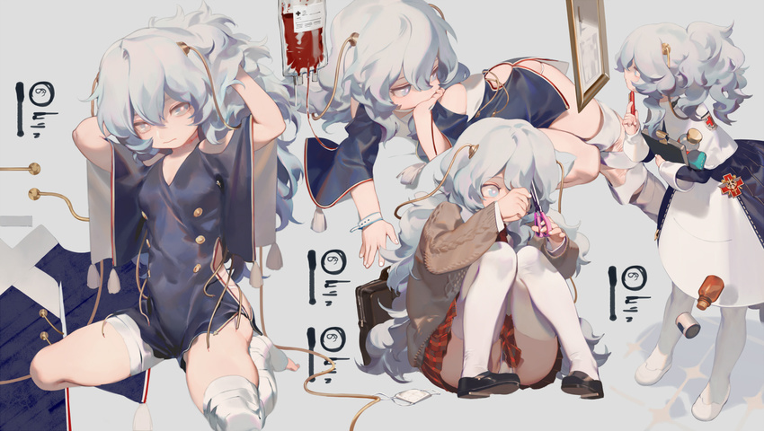 adjusting_hair alternate_costume arm_support arms_up bag bandaged_leg bandages barefoot black_dress black_footwear blood blue_eyes bottle briefcase brown_sweater buttons chinese_commentary clipboard commentary_request cutting_hair double-breasted dress female full_body girls'_frontline grey_background hair_between_eyes hand_on_own_chin hands_in_hair hip_vent knees_up loafers long_hair long_sleeves lying multiple_views nurse panties pantyhose pantyshot pen pen_to_chin plaid plaid_skirt pleated_skirt profile red_skirt rei_(sanbonzakura) ribbed_sweater ribeyrolles_(girls'_frontline) school_briefcase school_uniform scissors shoes short_dress simple_background sitting skirt standing sweater tight_clothes underwear upskirt very_long_hair wariza wavy_hair white_dress white_hair white_panties wide_sleeves wristband