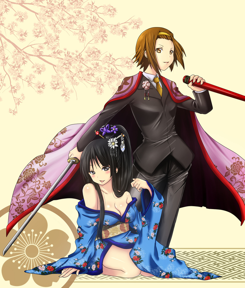 2girls akiyama_mio bare_shoulders black_hair breasts brown_eyes brown_hair cape cleavage commentary_request formal highres japanese_clothes k-on! katana kimono long_hair medium_breasts multiple_girls samuraichamp short_hair sword tainaka_ritsu weapon