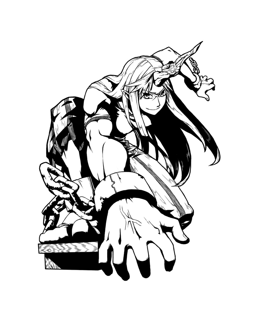 commentary_request female foglia_(fogpics) greyscale highres horns hoshiguma_yuugi monochrome muscular single_horn solo touhou