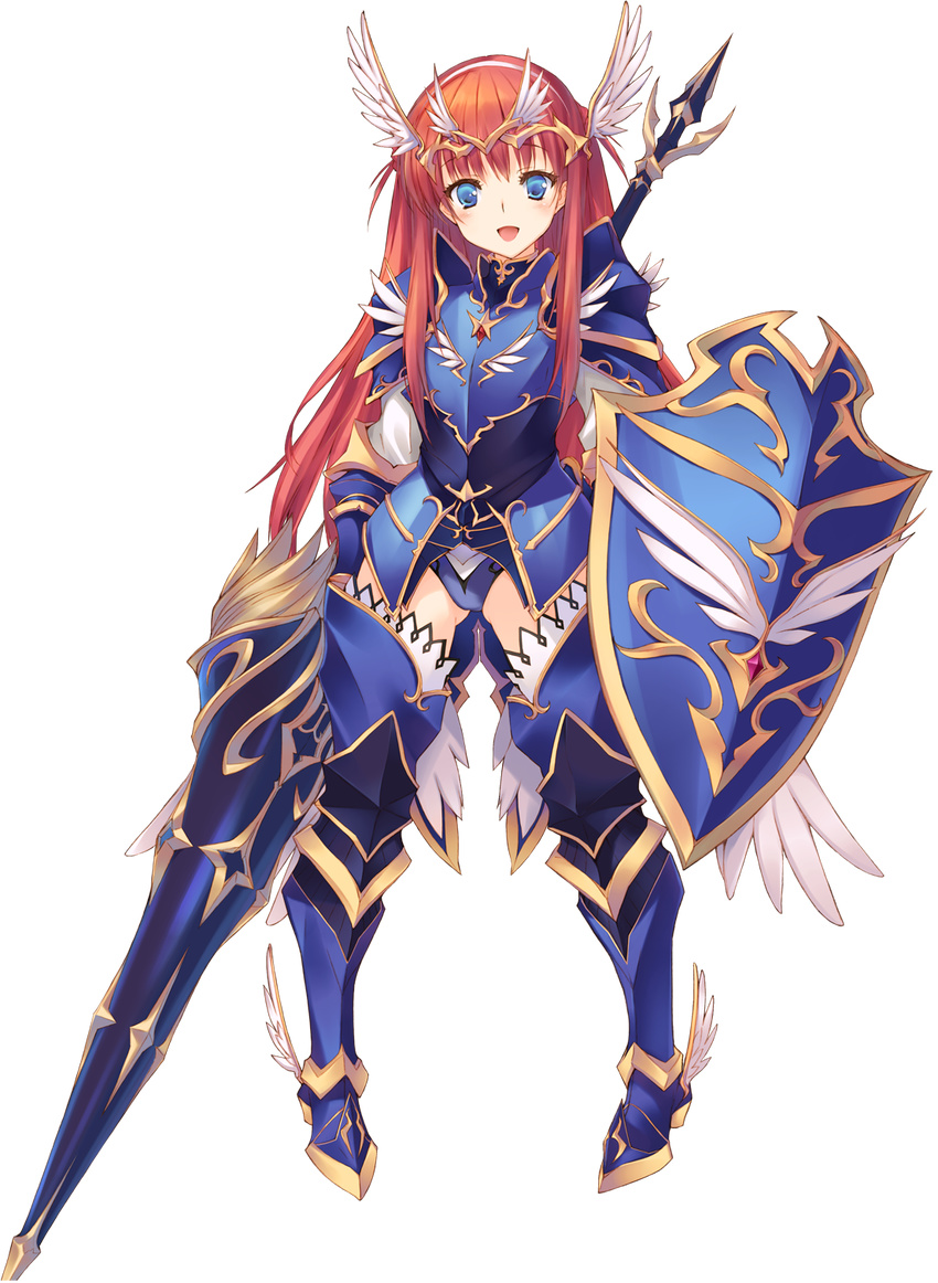 alisia_heart aquaplus armor armored_boots blue_eyes boots dungeon_travelers_2 female full_body hairband head_wings highres holding holding_weapon kawata_hisashi lance long_hair looking_at_viewer pigeon-toed polearm red_hair shield solo transparent_background weapon wings