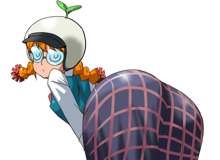 ass bent_over braid coke-bottle_glasses commentary_request female freckles freckles_(space_dandy) glasses helmet long_hair looking_at_viewer looking_back md5_mismatch nekuneku orange_hair plaid plaid_skirt plant plant_on_head school_uniform simple_background skirt solo space_dandy twin_braids white_background