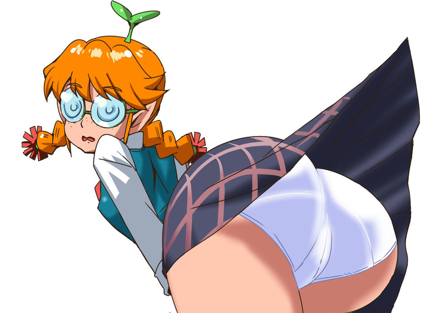 ass bent_over braid clothes_lift coke-bottle_glasses commentary_request female freckles freckles_(space_dandy) glasses long_hair looking_at_viewer looking_back md5_mismatch nekuneku orange_hair panties plaid plaid_skirt plant plant_on_head pointy_ears school_uniform simple_background skirt skirt_lift solo space_dandy surprised thighs trefoil twin_braids underwear white_background white_panties wind wind_lift