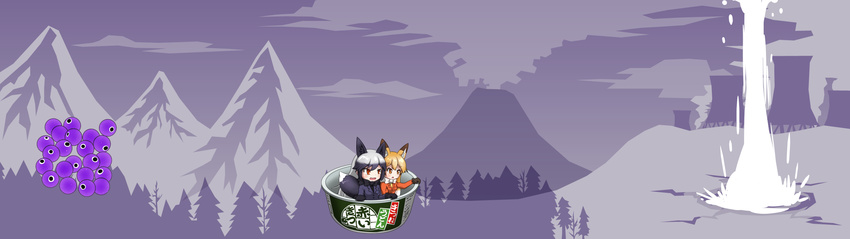 2girls animal_ears bad_id bad_nicoseiga_id black_bow black_bowtie black_gloves black_hair blonde_hair bow bowtie cellien_(kemono_friends) cooling_tower cup_ramen donbei_kitsune_udon ezo_red_fox_(kemono_friends) forest fox_ears fox_tail geyser gloves grey_hair highres instant_udon jacket kemono_friends long_hair long_sleeves mountain multicolored_hair multiple_girls nature nissin_donbei orange_jacket outdoors parody silver_fox_(kemono_friends) tail vostok_(vostok061) white_bow white_bowtie yellow_eyes