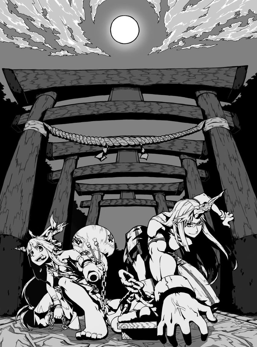 2girls commentary_request foglia_(fogpics) greyscale highres horns hoshiguma_yuugi ibuki_suika monochrome moon multiple_girls muscular muscular_female oni single_horn touhou