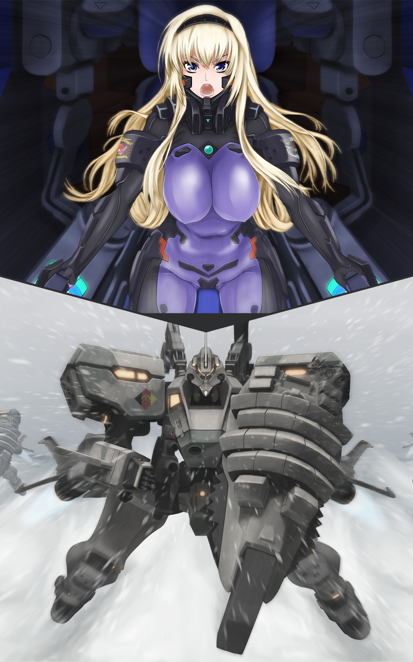 blonde_hair blue_eyes bodysuit breasts east_germany female german_flag germany highres impossible_clothes irisdina_bernhard large_breasts mecha mig-21pf_balalaika muvluv open_mouth scharfschutze schwarzesmarken