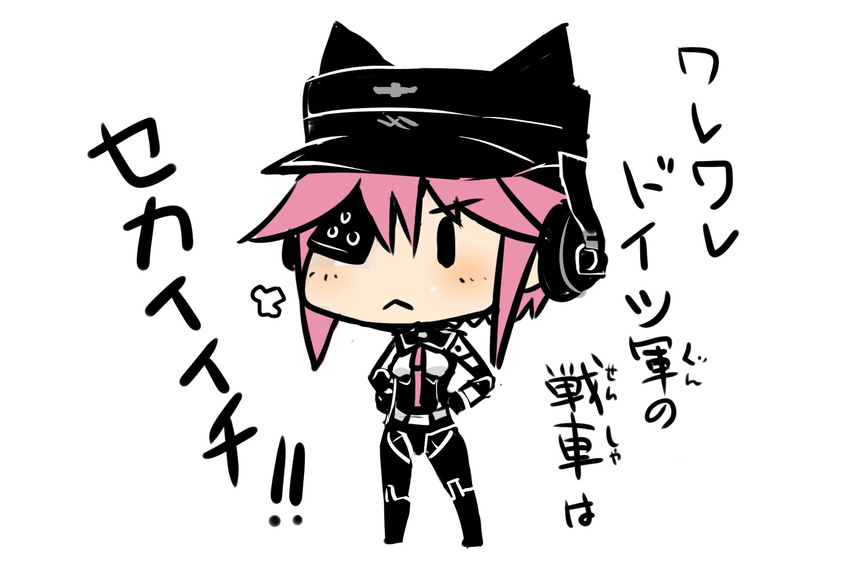 animal_hat bc blush busou_shinki chibi commentary_request female hands_on_own_hips hat headphones highres jojo_no_kimyou_na_bouken murmeltier necktie partial_commentary red_necktie simple_background solid_oval_eyes solo standing white_background