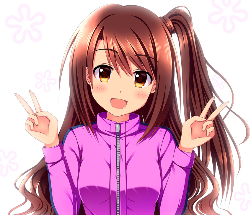 blush brown_hair commentary_request double_v eyebrows female highres idolmaster idolmaster_cinderella_girls jacket long_hair long_sleeves looking_at_viewer nanakiri_(izakaya_nanana) one_side_up open_mouth scrunchie shimamura_uzuki simple_background solo track_jacket track_suit upper_body v yellow_eyes