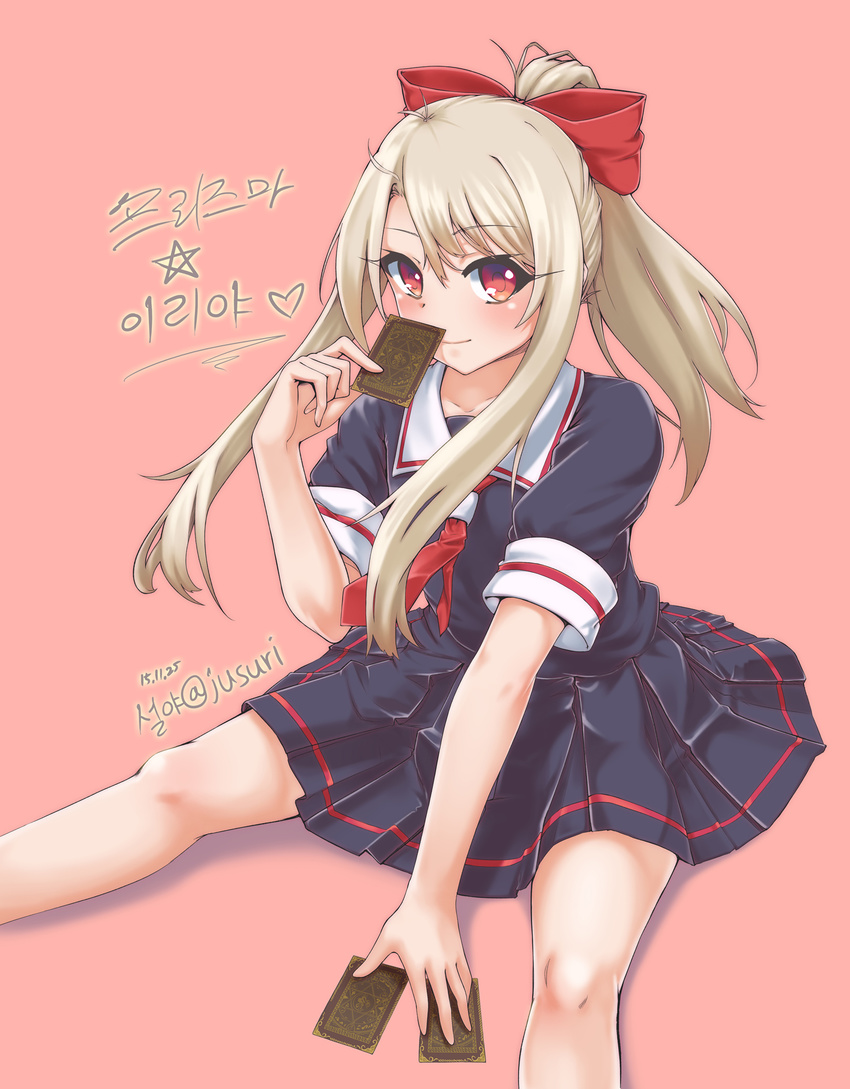 alternate_costume black_serafuku blonde_hair bow card circle_skirt commentary_request cosplay fate/kaleid_liner_prisma_illya fate_(series) female hair_ribbon hairbow highres illyasviel_von_einzbern kantai_collection lavie neckerchief photoshop_(medium) pleated_skirt ponytail red_eyes ribbon school_uniform serafuku shiratsuyu_(kancolle) shiratsuyu_(kancolle)_(cosplay) sitting skirt smile solo