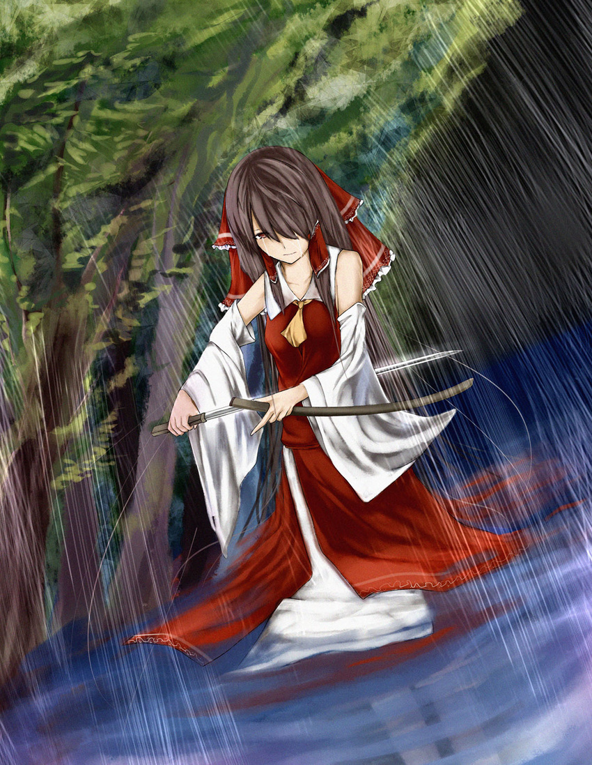 artistic_error ascot bow brown_eyes brown_hair commentary_request detached_sleeves female hair_ornament hairbow hakurei_reimu highres katana long_hair metalwasabi partial_commentary photoshop_(medium) rain red_bow river scabbard seppuku sheath solo suicide sword tears touhou wading water waterfall weapon wet