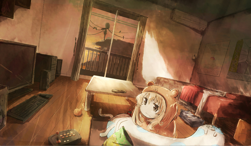 air_conditioner animal_costume bad_id bad_pixiv_id bag bed blonde_hair brown_eyes computer controller curtains doma_umaru dutch_angle female game_controller hamster_costume himouto!_umaru-chan hood hoodie indoors joystick komaru_(himouto!_umaru-chan) messy_hair nekopote nekoronbusu pillow poster_(object) school_bag sliding_doors soda solo speaker stuffed_animal stuffed_toy table wavy_mouth wooden_floor