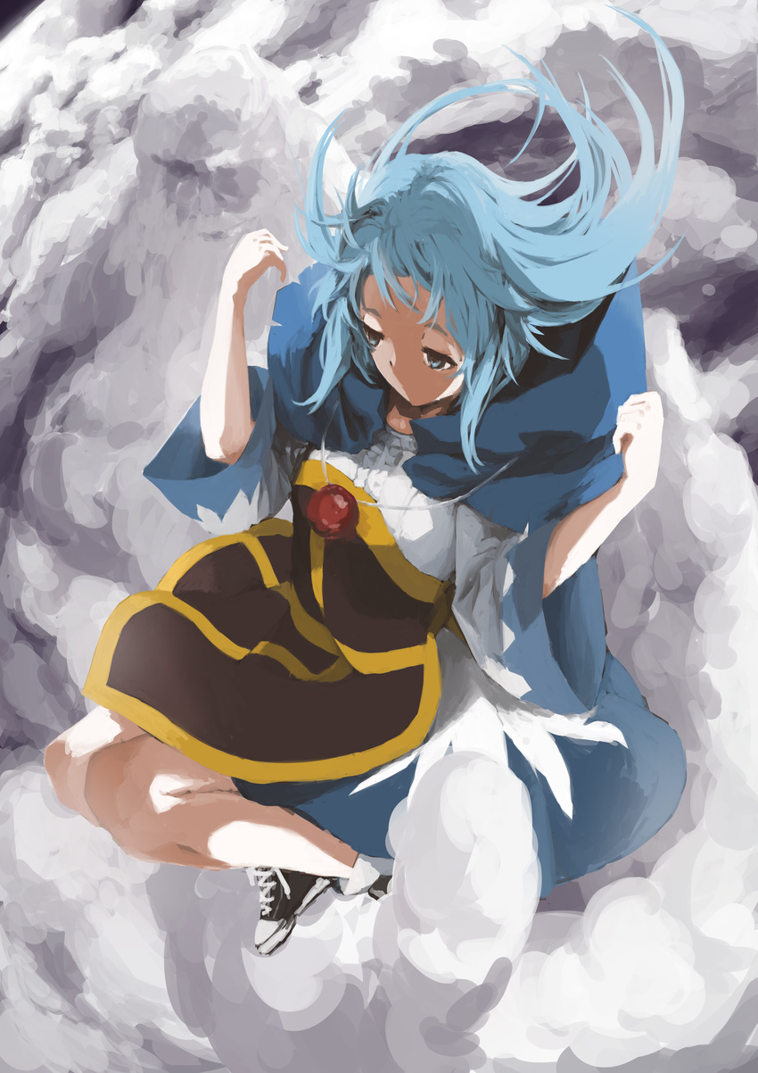 1boy above_clouds absurdres bad_id bad_pixiv_id blue_dress blue_eyes blue_hair cloud dress expressionless faux_traditional_media female from_above half-closed_eyes hands_up highres hood hood_down jewelry kesa kumoi_ichirin legs long_sleeves looking_afar multicolored_clothes multicolored_dress no_mouth pendant robe shirt shoes short_dress sneakers touhou unitsu unzan white_dress wide_sleeves wind