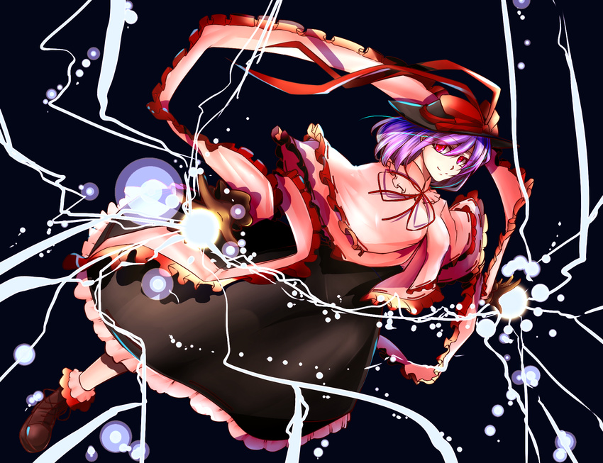 black_gloves black_hat black_skirt bow commentary_request electricity female fish frills gloves hat hat_bow highres itocoh nagae_iku oarfish purple_hair red_bow red_eyes ribbon_trim shawl skirt solo touhou