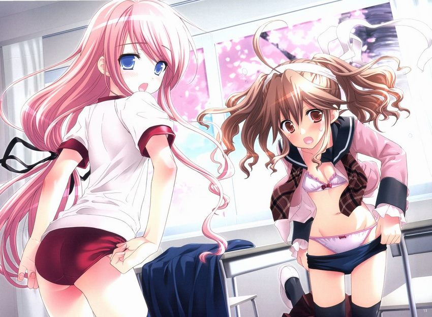 2girls adjusting_buruma adjusting_clothes ahoge ass bad_link black_legwear black_ribbon blue_eyes bow bow_bra bow_panties bra breasts brown_eyes brown_hair buruma buruma_pull cleavage clothes_pull desk e-hentai_sample flat_ass gym_uniform image_sample indoors jpeg_artifacts kasukabe_akira long_hair looking_at_viewer multiple_girls navel open_clothes open_mouth open_shirt panties pink_bra pink_hair pink_panties ribbon sakura_nanako sakura_sakura scan school_desk shirt small_breasts tachibana_kurumi thighhighs underwear undressing white_ribbon window